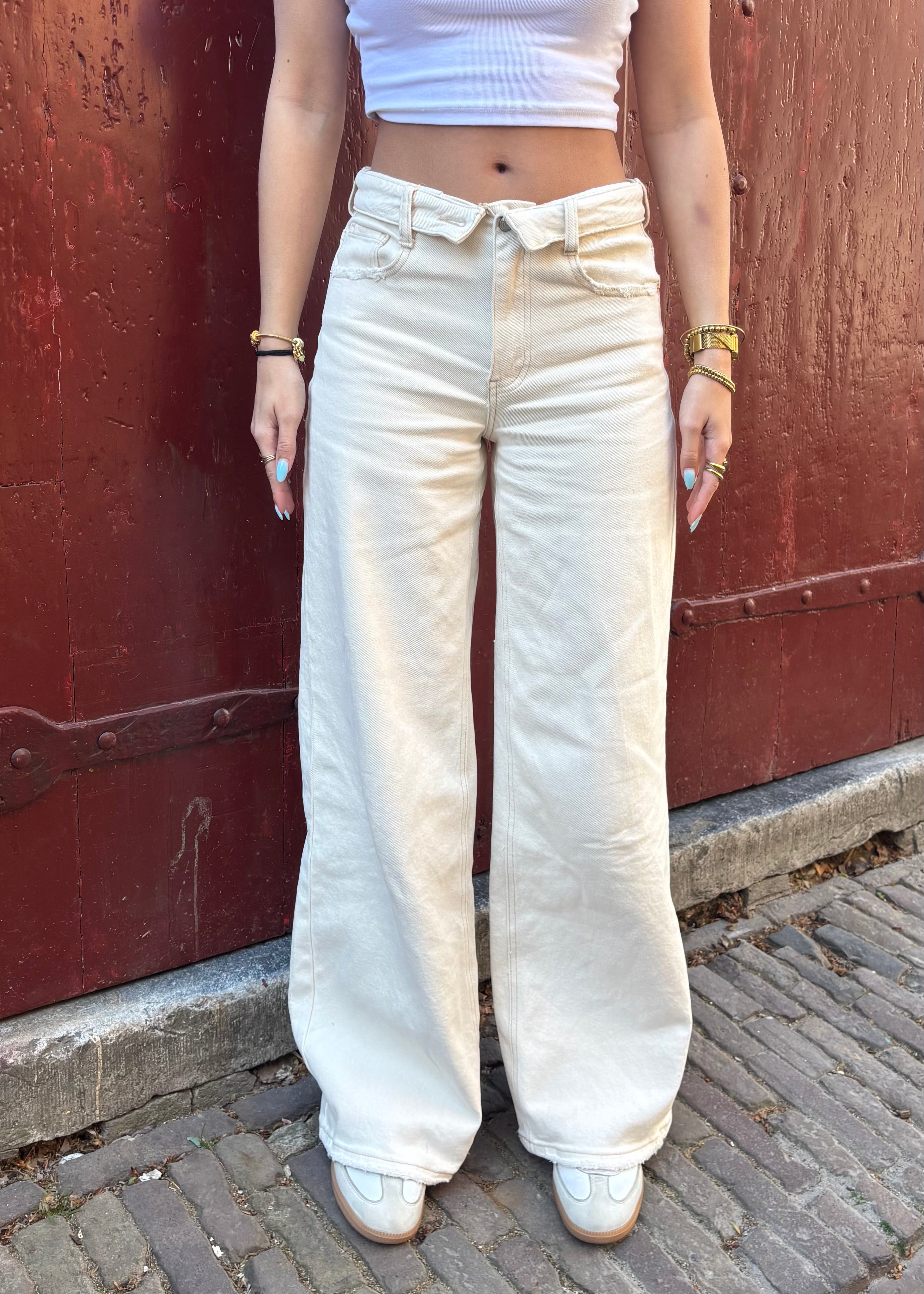 Folded wide leg jeans - Créme
