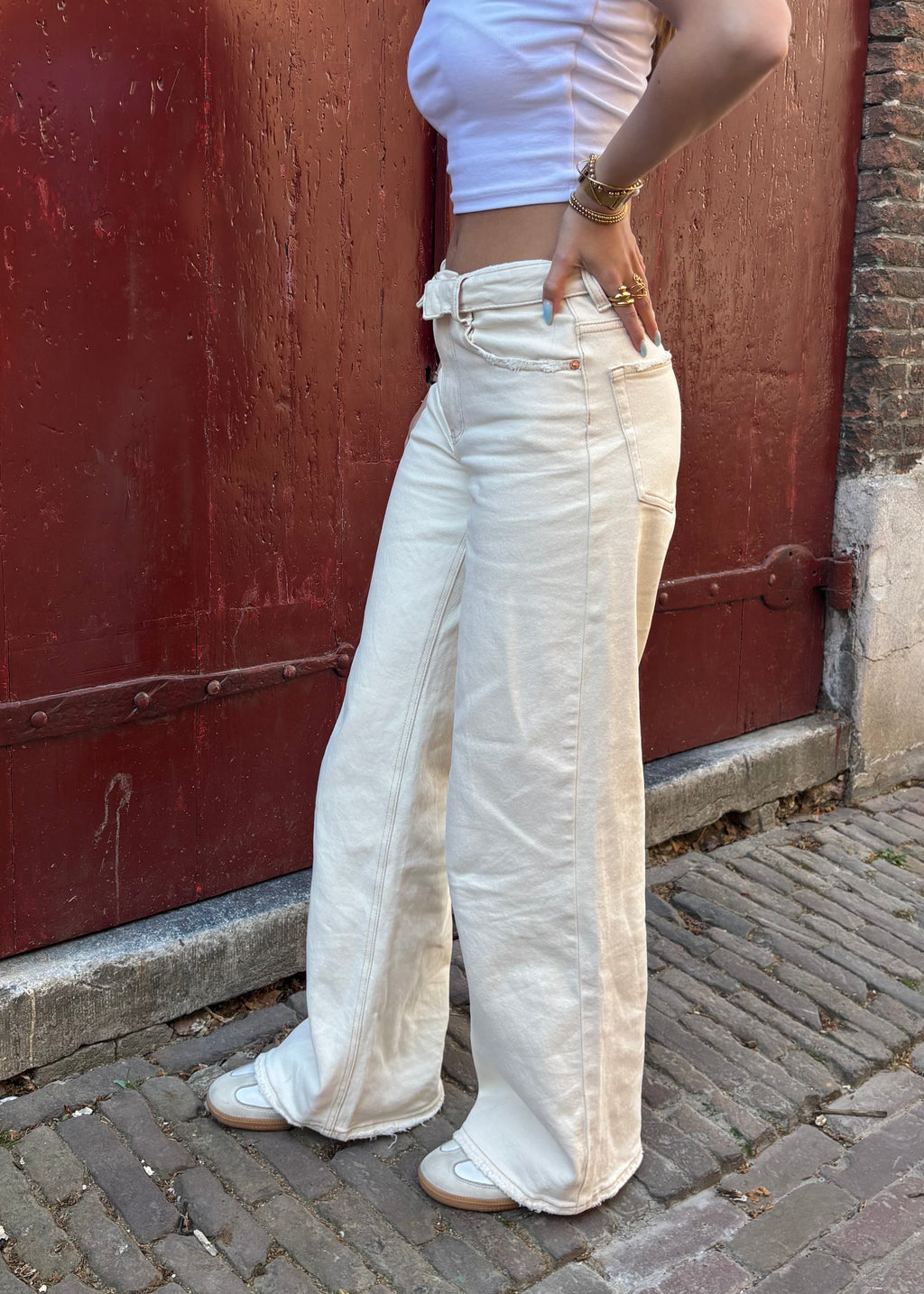 Folded wide leg jeans - Créme