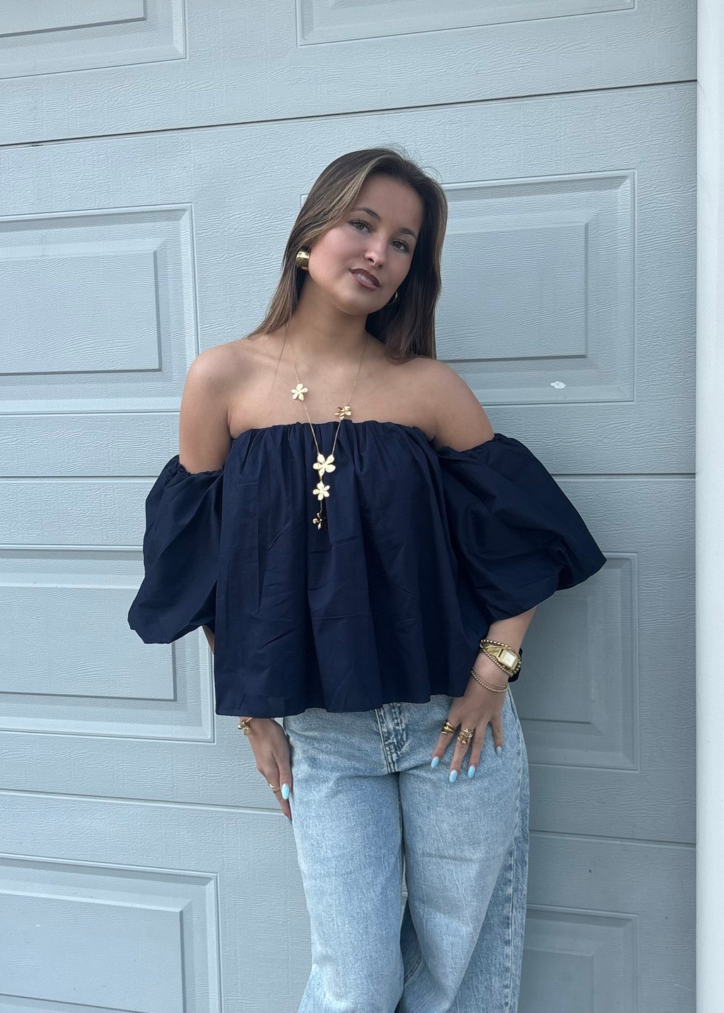 Blooming off-shoulder top - Navy